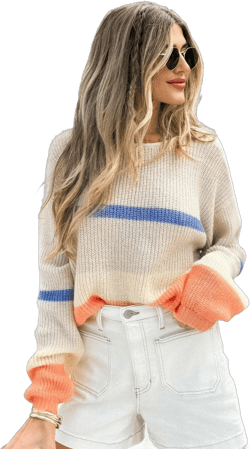 Women's Cozy Beige Colorblock Striped Drop Shoulder Sweater Medium Beige
