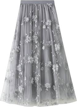 Women Tulle Skirt Elastic High Waist with Stereo Flower Elegant Floral Embroidery Tiered Mesh Layered A-Line Midi Skirt One Size Grey