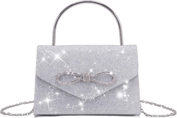 Glittering Evening Bag With Rhinestone & Bow Decor, Detachable Chain Strap Shoulder Bag, Elegant Solid Color Party Clutch