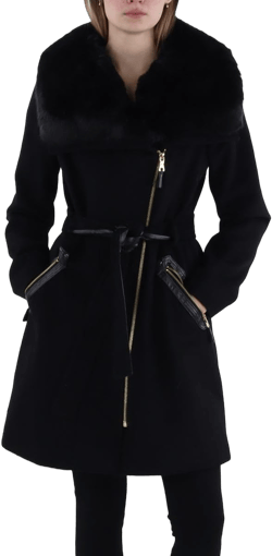 VIA SPIGA Kate Women's Asymmetric Wool Blend Coat with Faux Fur Collar Medium Black