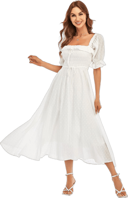 R.YIposha Women Vintage Elastic Square Neck Ruffled Half Sleeve Summer Backless Beach Flowy Maxi Dresses Medium White
