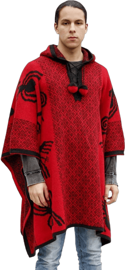 Thick Alpaca Blend Alpaca Wool Poncho For Women Men Cloak Cape Unisex Nazca Lines Design One Size Red/Black
