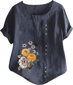 Women Workout Tops,Short Sleeve Button down Round Neck Shirts Summer Casual Linen Vintage Floral Printed Workout Tops Dark Blue-b Large