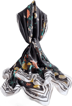 Qyx Women's Fashion 100% Mulberry Silk Large Scarf-Elegant Lightweight Satin Flowers & Birds Printed Shawls & Wraps for Lady
