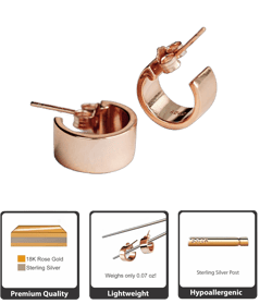 18K Gold Plated Sterling Silver Chubby Mini Hoop Boss Earrings | Huggies For Women 18K Rose Gold Over Sterling Silver