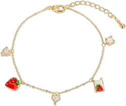 Handmade Strawberry Bracelet for Women Gold Plated Cute Sweet Summer Red Fruit Green Leaf Food Tassel Chic Crystal Charm Chain Bcacelet for Friend Family Jewelry Gifts (Gold)