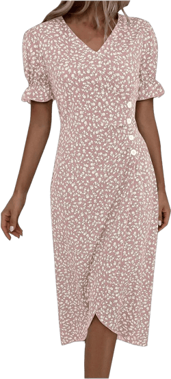 Dresses for Women 2024 Summer Casual Dress V Neck A-Line Boho Ditsy Floral Flounce Sleeve Wrap Hem Dress Small Pink