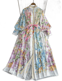 2024 Fashion Bohemain Flower Maxi Dress Women's Stand Long Lantern Sleeve Single Breasted Floral Print Lace Up Loose Boho Robe