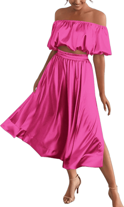 MASCOMODA 2 Piece Outfits for Women Sexy 2024 Summer Satin Puff Sleeve Crop Top and Side Split Maxi Dress Set with Pockets