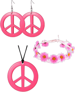 Aonklot 3Pcs Peace Sign Necklace and Earring Set for Women Hip Hop Disco Necklace Vintage 70s Dance Earring Daisy Headband Halloween Party Costumes Accessories Pink