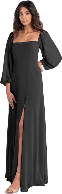 BONOYUER Women's Puffy Long Sleeve Bridesmaid Dresses with Slit A Line Square Neck Formal Prom Evening Gown 18 Plus Black