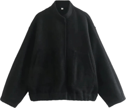Kissonic Womens Wool Blend Jacket Oversized Bomber Jacket Casual Stand Collar Button Down Varsity Shacket Coat Outerwear Medium Black