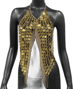 Women’s Glitter Halter Top for Party Nightclub Steampunk Metallic Sequins Backless Crop Top Clubwear Beach Cover Up Gold