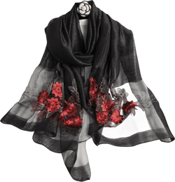 Silk Scarf Chiffon Scarf Women Ginkgo Embroidery Transparent Tulle Lightweight Long Scarf Shawl Wrap Spring Autumn Black