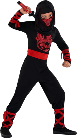 Black & Red Blood Dragon Ninja Costume For Kids - (Size X Large 14-16) 1 Pack Of Jumpsuit & Hood With Mask - Premium Polyester Material, Unique Design - Perfect For Halloween & Dress-Up Fun
