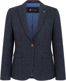 Women's Blazer Tweed Herringbone Checkered Tailored Fit Jacket 16 Navy