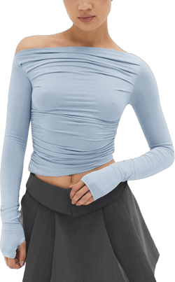 MISS MOLY Women's Off Shoulder Asymmetrical Tops Y2K Ruched Slim Sexy Cropped Long Sleeve Tee Shirts Sky Blue X-Large
