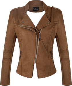 chouyatou Women's Candy Color Asymmetric Zip Slim Faux Leather Cropped Moto Jacket Medium Suede Brown