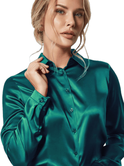 Women's Blouse Satin Silk Shirts, Casual Loose Long Sleeve for Office Work, Corporate Outfit Clothes Large Emerald Green