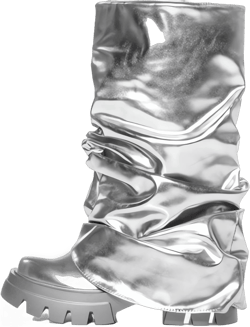 LISHAN Women's Platform Heel Metallic Fold Over Pull on Shark Ruched Boots 6 Silver Mid Calf