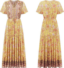 R.Vivimos Womens Summer Floral Print Cotton Short Sleeve Flowy Dress Large Lemonyellow