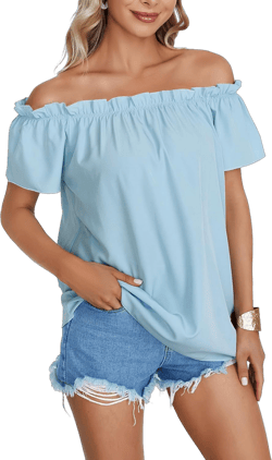 LYANER Women's Off Shoulder Ruffle Short Sleeve Ruched Casual Loose Tops Blouse Shirt X-Large Light Blue