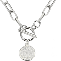 925 Sterling Silver Toggle Necklaces Women Men, 14k Yellow Gold Unisex Thick Chain Toggle Necklace - Saint St Benedict Coin Toggle Charm, OT Buckle Toggle Clasp For Christmas Birthday Gifts 22inch Toggle Necklace 1 Silver