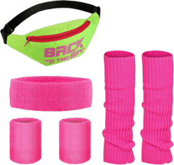 SATINIOR 80s Women Workout Costume Outfit Neon Leg Warmer Headband Wristbands Fanny Pack Set 80s Accessories for Yoga Running Rose Red, Fluorescent Green