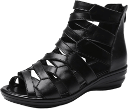 AngryMonkey Women Black Leather High Top Gladiator Sandals,Summer Peep Toe Hollow Back Zipper Dressy Flat Roman Sandals Wedges Sandals 9 Black