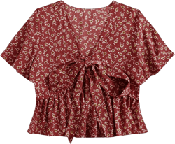 LYANER Women's Floral Print V Neck Tie Knot Ruffle Hem Short Sleeve Blouse Peplum Top Large Red