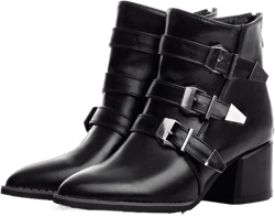 Vujkliy Women's Chunky Heel Zipper Slip on Ankle Boots Chunky Pointed Toe High Heel Belt Buckle Ankle Boots 7.5 Black