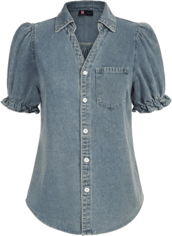 KANCY KOLE Womens Denim Shirts Button Down Short Puff Sleeve Lightweight Jeans Shirts with Pocket Business Casual Tops Large Wash Blue#3