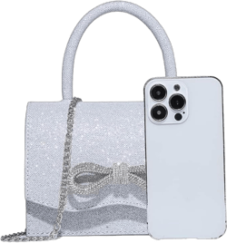 QWINEE Women's Glitter Rhinestone Bow Decor Clutch Purse Prom Bags Sparkle Mini Square Handbags One Size Silver