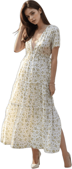 Anna-Kaci Women's V-Neck Short Sleeve Ruffle Detail Side Slit Floral Print Maxi Dress - Small, White