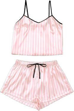 Womens Pajama Set Silk Satin PJ Set V Neck Pink Striped Cami Top Shorts Sleeveless Sleepwear Spaghetti Straps