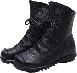 Lossarye Women's Soft Genuine Leather Lace Up Flat Boots Handmade Wide Round Toe Side Zipper Comfortable Warm Fur Lined Anti-Slip Booties 8 Black Plush