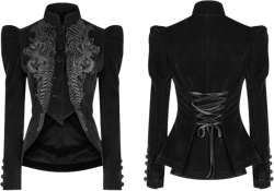 Women Gothic Jacket Black Vintage Victorian Stage Performance Costume Long Sleeve Lace Velvet Short Tailcoat