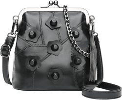 Vintage Kiss Lock Shoulder Bag With Tassel, Leather Flowers Rivets Chain Handle Handbag, Retro Messenger Crossbady Satchel for Women