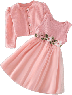 OYOANGLE Girl's 2 Piece Floral Print Sleeveless Mesh Tulle Dress and Long Sleeve Button Jacket Set Party Outfits 7 Years Pink