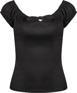 YARN & INK Women's Pinup Shirt 1950s Vintage Rockabilly Puff Sleeve BowBlouse Off Shoulder Tops XX-Large Black