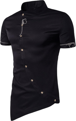 Maiyifu-GJ Mens Irregular Banded Collar Shirts Short Sleeve Muscle Embroidery Shirt Casual Button Down Slim Fit Dress Shirt Small Black