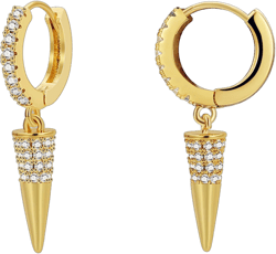 Minimalist Spike CZ Huggie Hoop Earrings for Women Men Gold Plated Punk Dainty Bullet Triangle Cone Geometric Chic Rhinestone Cubic Zirconia Small Dangle Drop Earrings for Fashion Jewelry Gifts