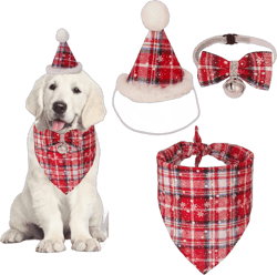 PTDECOR Christmas Dog Bandana Hat Bow, Red Plaid Dog Christmas Hat Scarf Triangle Dog Bibs Kerchief Christmas Bandanas for Small Medium Dogs Pets