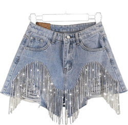 Akivide Women's Summer Tassels Denim Shorts High Waist Casual Ripped Rhinestone Fringe Jean Shorts with Pockets Blue X-Large
