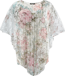 Brittany Black Women’s V-Neck 3/4 Sleeve Lace Poncho Floral Print Knit Blouse Pink Blue Soft Pastel Floral/White Stretch Lace 2X