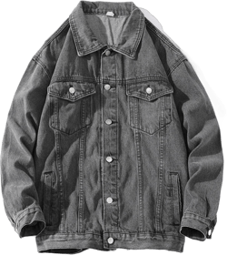 Mens Denim Jacket Long Sleeve Button Down Jackets Distressed Jean Jackets Trucker Jacket Fall Casual Coat Outwear Large Grey