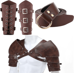 Foaincore 4 Pcs Halloween Renaissance Costume Accessories Faux Leather Body Chest Buckle Arm Bracers Medieval Ring Belt Set Steampunk Adjustable Shoulder Armor Arm Guards Men Belt for Cosplay Party