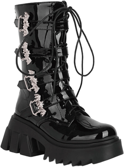 Womens Mid Calf Lace Up Ankle Boots Goth Punk Leather Ankle Strap Metal Buckle Biker Military Combat Boots,Black Patent Leather,4