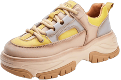 Women'S Leather Color Matching Platform Fashion Sneakers, Retro Round Toe Lace-Up Non-Slip Low-Top Chunky Platform Slip-On Walking Dad Shoes for Fitness, Hiking, Gym 4.5 Yellow