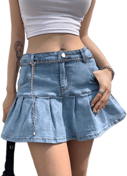 Women Y2K Pleated Jean Skirt Casual Low Waist Ruffle A Line Flare Denim Mini Skirt Summer Going Out Streetwear Large Light Blue